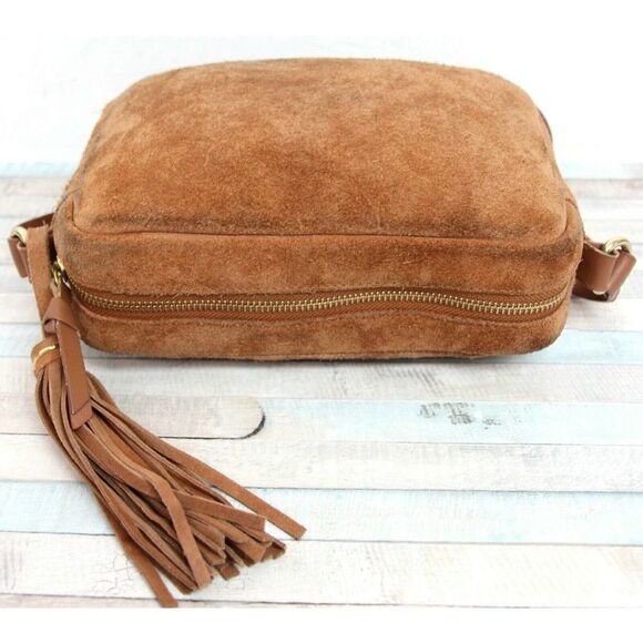 ANNA FIELD TAN BROWN GENUINE LEATHER TASSEL XBODY SHOULDER BAG CAMERA HANDBAG - Picture 7 of 11